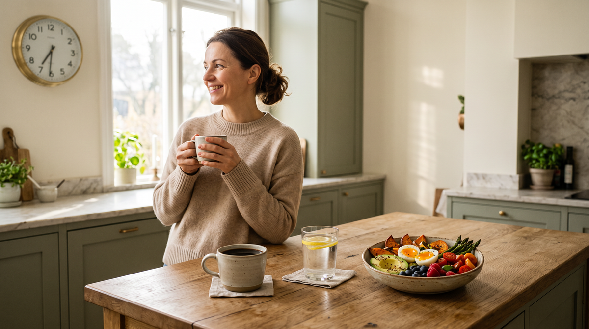 Post intermitent beneficii: femeie care își începe fereastra de alimentație dimineața cu cafea, apă cu lămâie și un bol cu ouă, legume și fructe de pădure