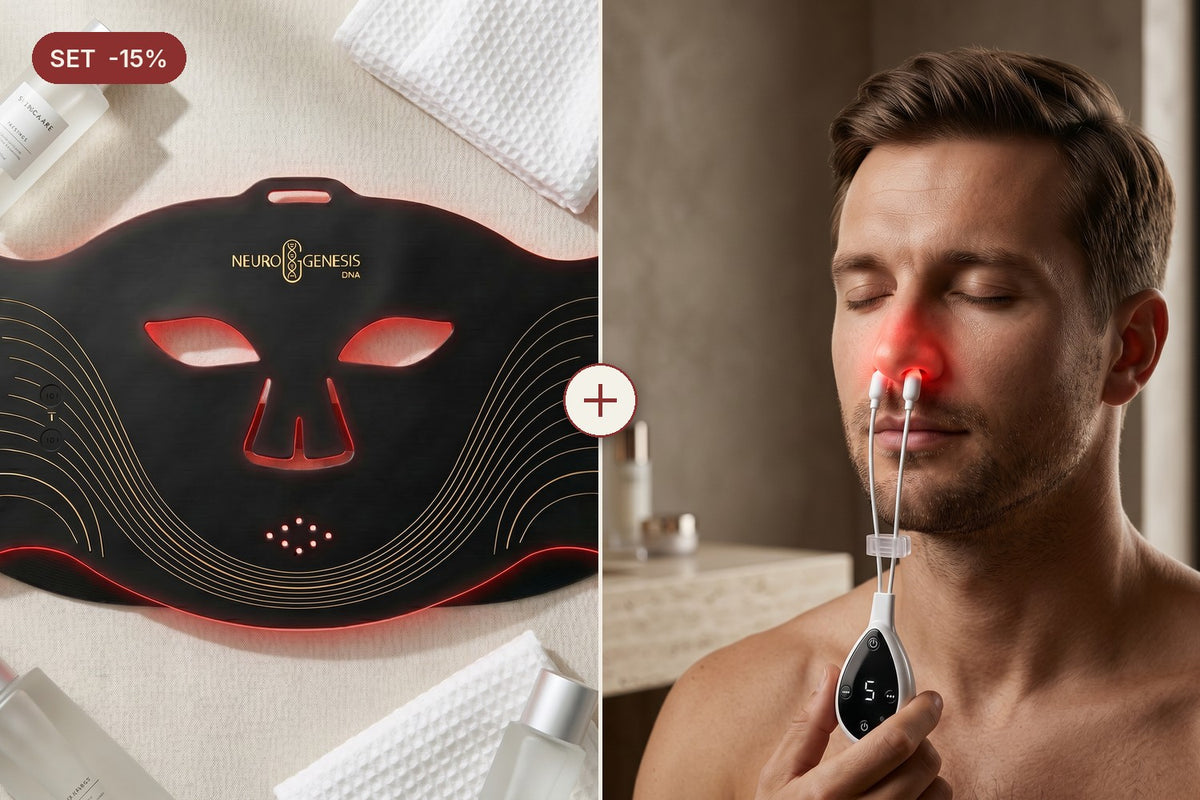 Set NeuroGenesis DNA: Mască Red Light Therapy + Aparat Nas și Urechi